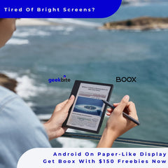 Person holding a BOOX e-ink tablet and stylus by the sea. Text: Tired of bright screens? Get BOOX with $150 freebies now