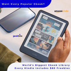 Hand holding an Amazon Kindle Colorsoft showing a colour comic page. Text: Want every popular ebook? Every Kindle includes $80 freebies