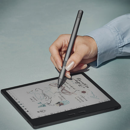 Hand using the Onyx Boox InkSense Plus stylus to sketch a mind map on a BOOX e-reader