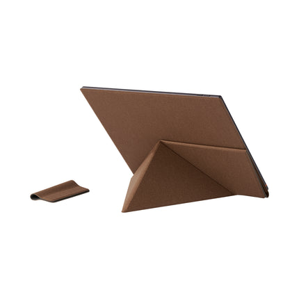 Umber Onyx Boox smart cover folded into a triangle stand, with a stylus loop beside it