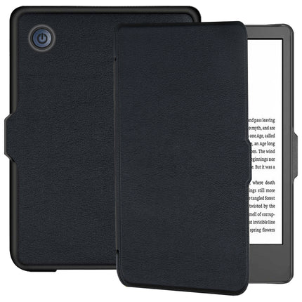 Black smart cover for Kobo Clara folded open beside an e-reader showing a page of text