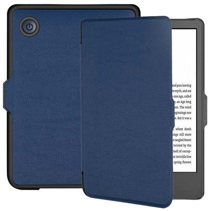 Blue smart cover for Kobo Clara folded open beside an e-reader showing a page of text