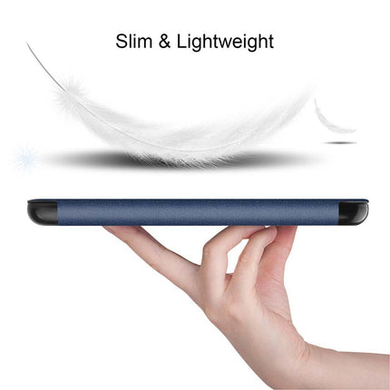 Hand holding an e-reader in a slim blue smart cover under a feather, with the text Slim & Lightweight