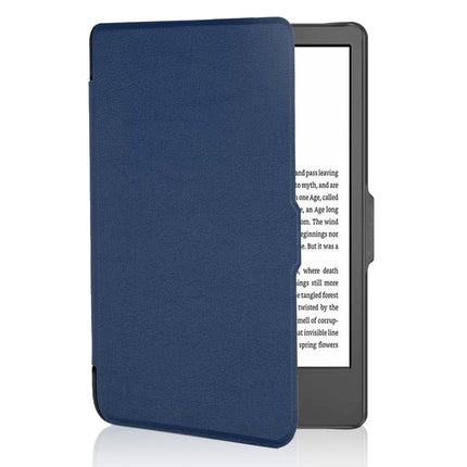 Blue smart cover for Kobo Clara standing open beside an e-reader showing a page of text