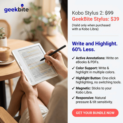 Person writing on a Kobo Libra Colour with the GeekBite Stylus at a wooden table, with a list of stylus features