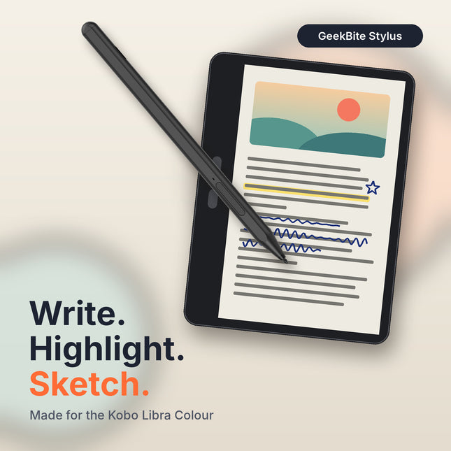 GeekBite Stylus resting on a Kobo Libra Colour e-reader showing handwritten notes, with the text Write. Highlight. Sketch.