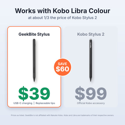 Graphic comparing the GeekBite Stylus and the Kobo Stylus 2, both made for the Kobo Libra Colour