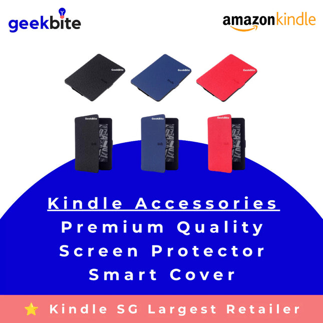 GeekBite smart covers for Kindle in black, blue and red, shown closed and open