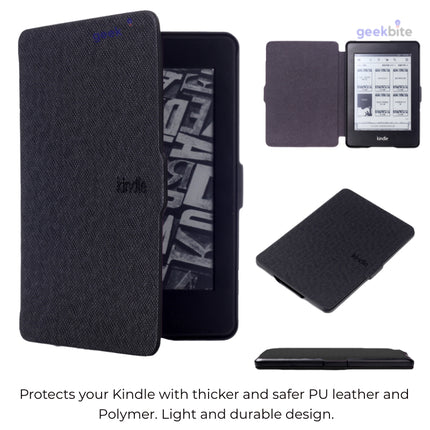 Black smart cover for Kindle shown open on an e-reader, with a closed view and a side view