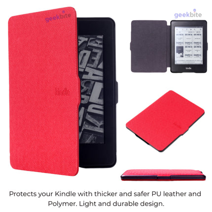 Red smart cover for Kindle shown open on an e-reader, with a closed view and a side view
