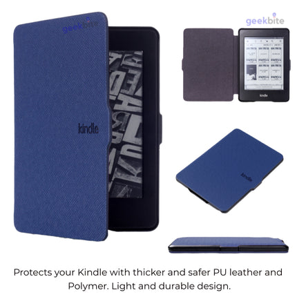 Blue smart cover for Kindle shown open on an e-reader, with a closed view and a side view