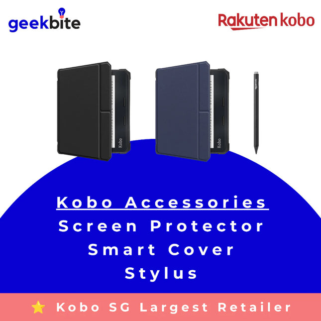 GeekBite smart covers for Kobo Libra Colour in black and blue, with a stylus beside them