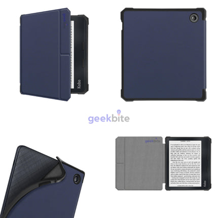 Blue smart cover for Kobo Libra Colour from the front, back, flexible corner and open views