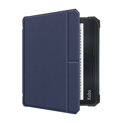 Blue smart cover on a Kobo Libra Colour with the side page-turn buttons visible