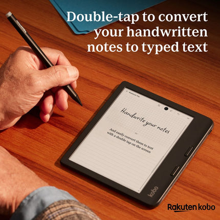 Hand writing on a Kobo e-reader with a stylus, with the text Double-tap to convert your handwritten notes to typed text