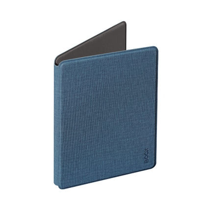 Navy fabric-textured smart cover for the Onyx Boox Go 6, standing slightly open