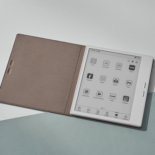 Onyx Boox Go 7 e-reader with a taupe smart cover folded open, showing the app home screen